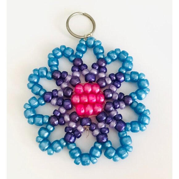 Handmade Beaded Key Fob Keychain Large 4" Easy to Find Vintage Blue Purple Beads - Picture 1 of 2